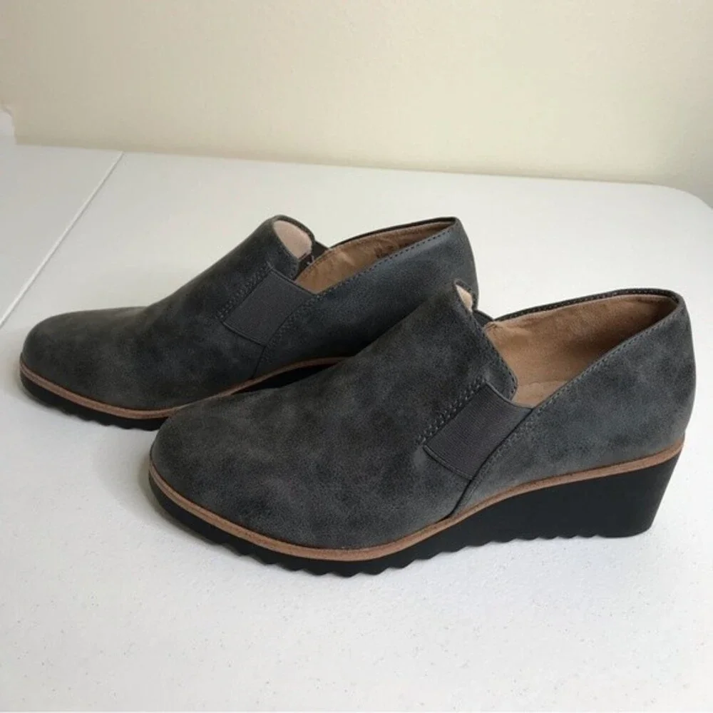 Life Stride Zora Gray Wedge Slip On Velocity 2 Lug Sole Faux Leather Women 8.5